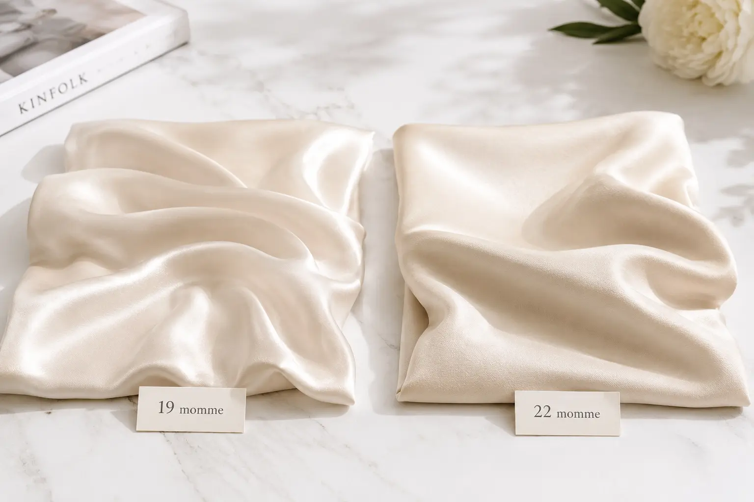 19 momme and 22 momme silk fabric swatches side by side