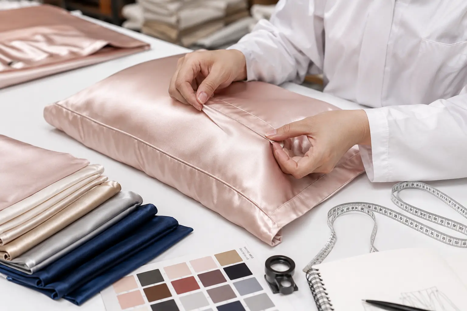 Factory checking silk sample seams and surface