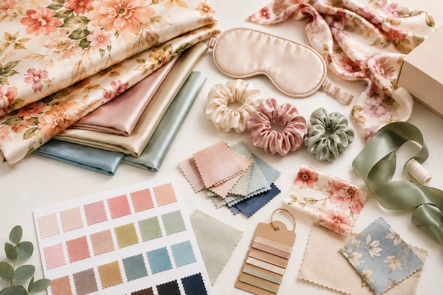 Custom silk sample review with measuring tape and color card