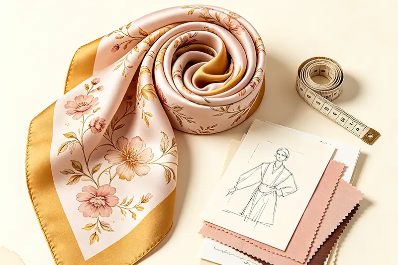 Planning materials for a custom silk scarf project including artwork fabric and finishing notes