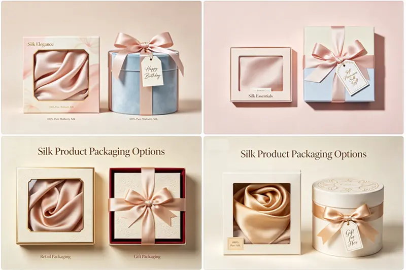 Retail packaging and gift packaging options for silk products