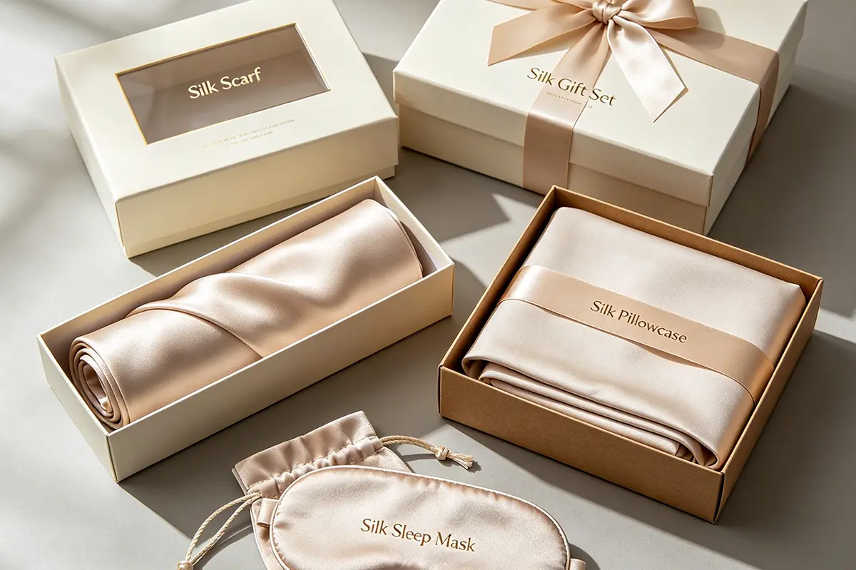 Packaging formats for silk scarves pillowcases sleep masks and gift sets