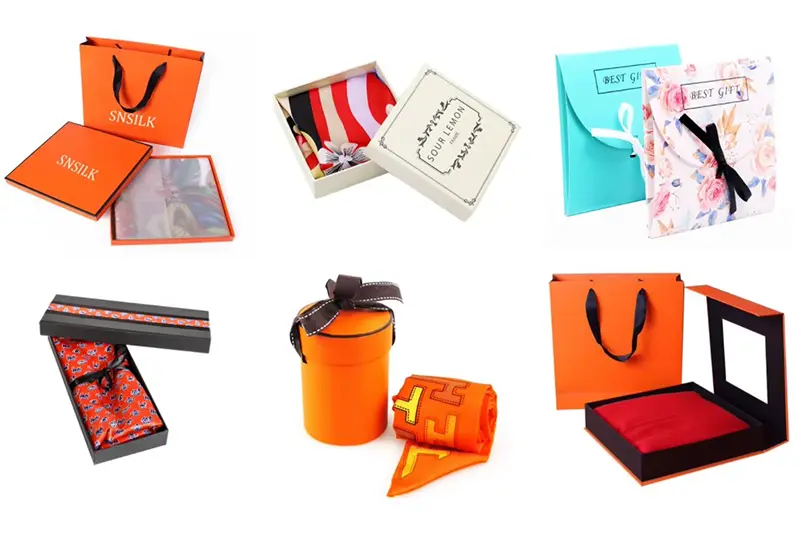 Custom silk packaging options including boxes pouches labels and insert cards