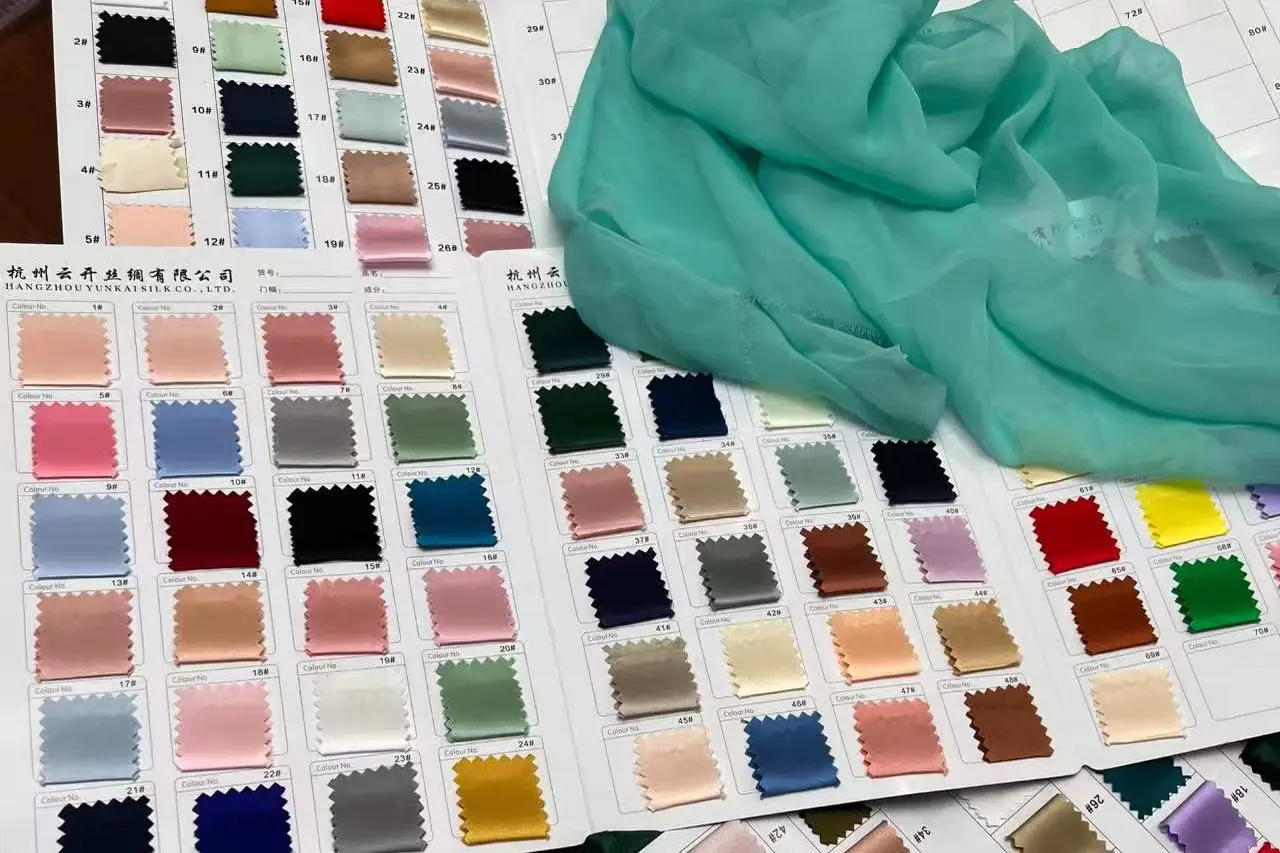 Silk fabric swatches including satin twill chiffon and crepe de chine