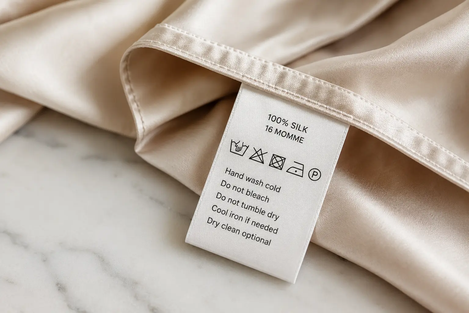 Care label on a silk product showing washing instructions