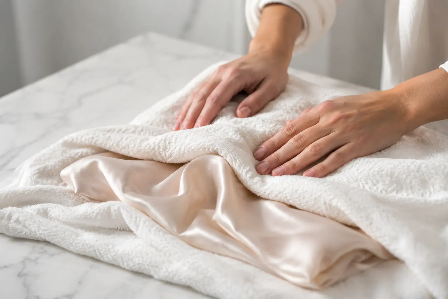 Silk fabric pressed between towels after washing