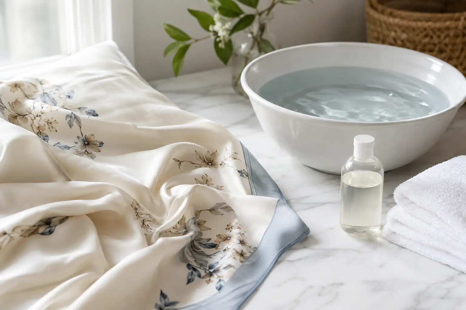Silk washing setup with cool water mild detergent and towel