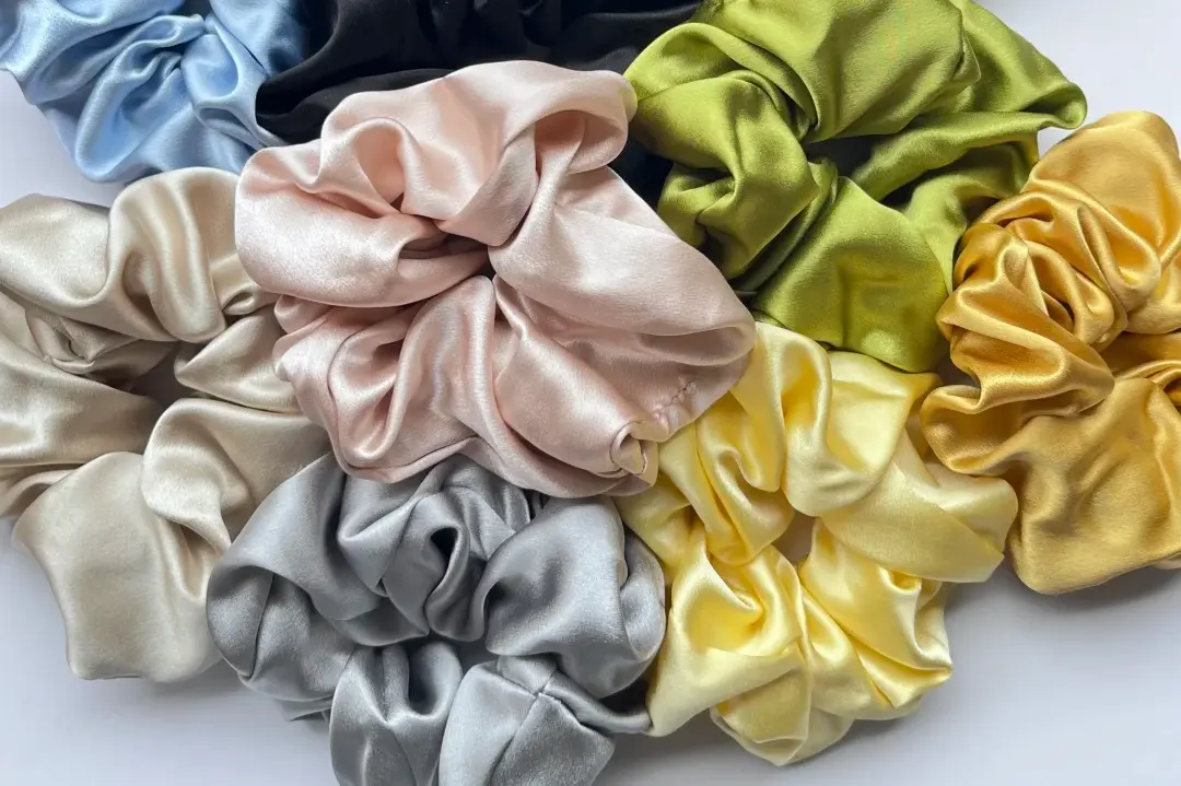 Multicolor silk scrunchies.