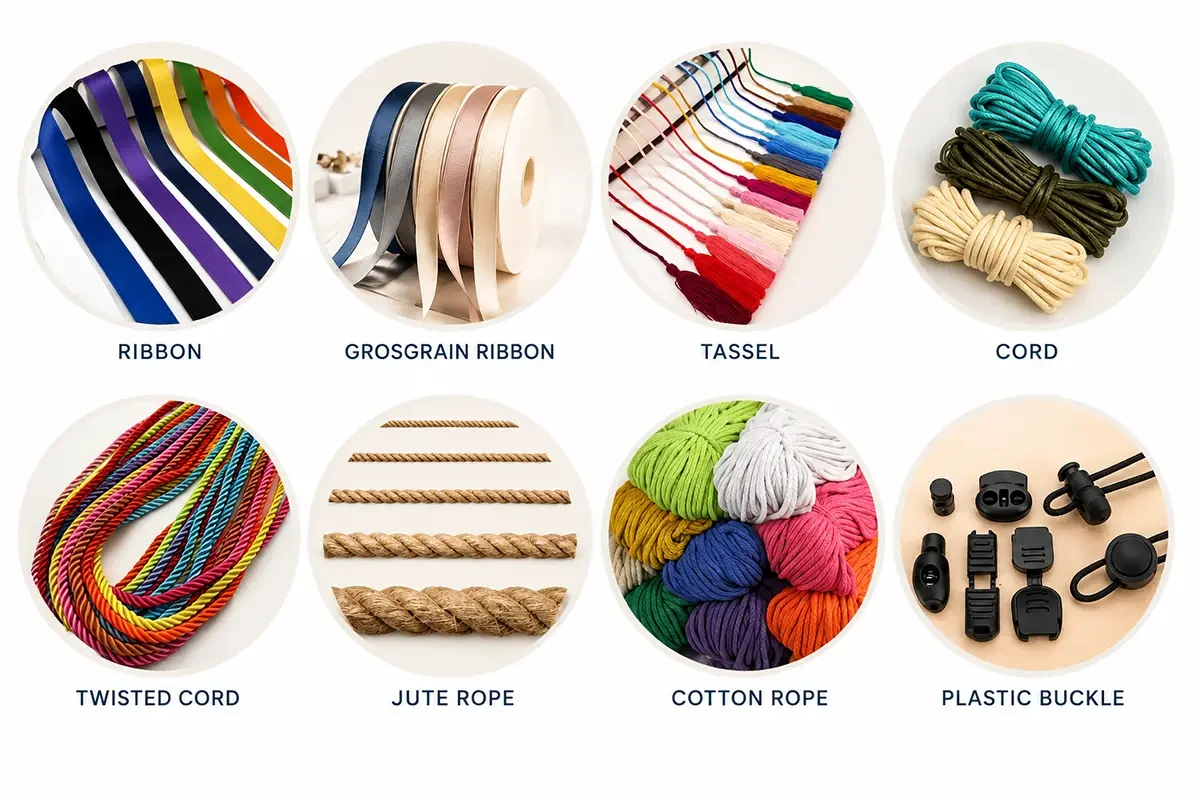 Ribbon, tassel, cord, rope, and buckle choices for custom pouch closures