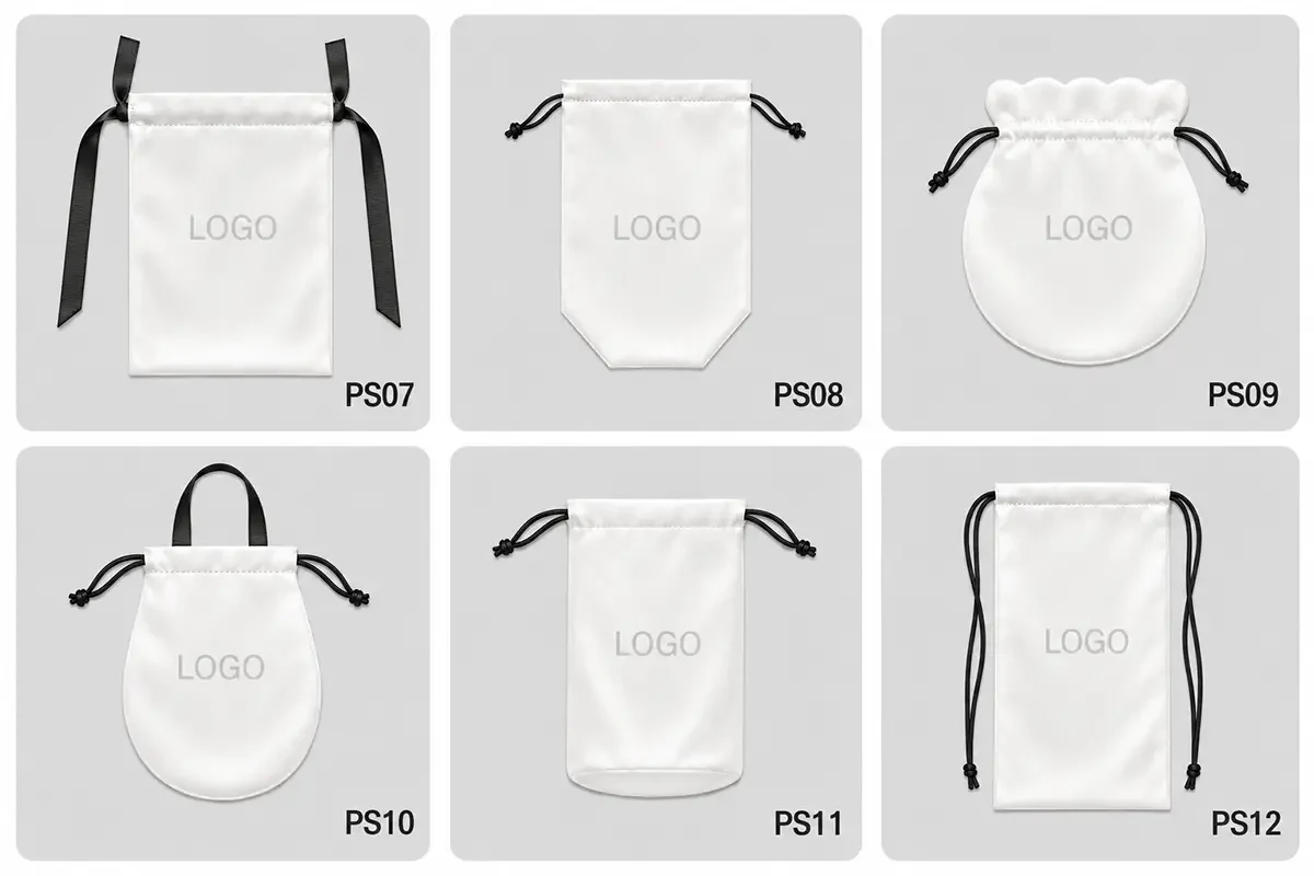 Flat, rounded, tapered, looped, and long custom silk pouch shapes
