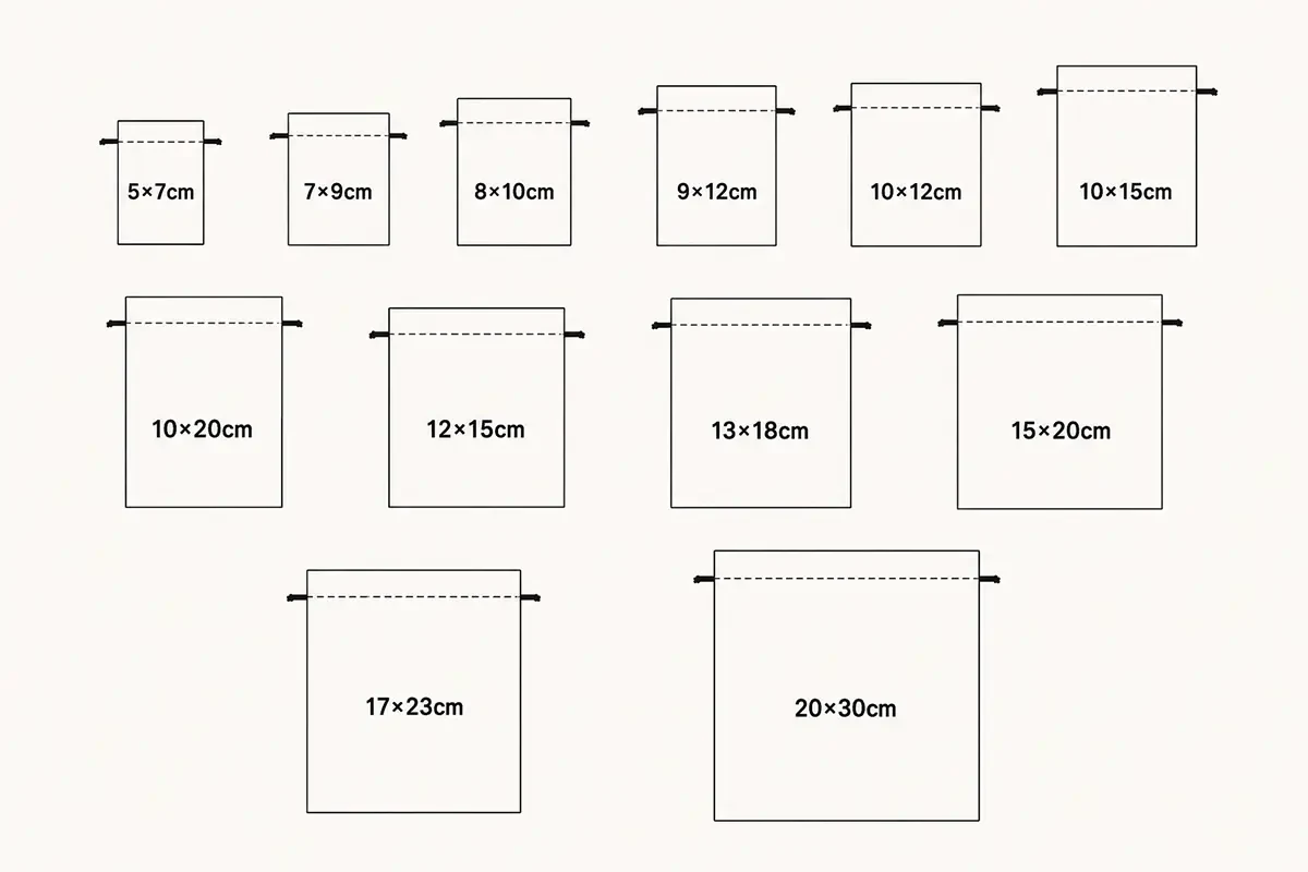 Reference size guide for custom silk drawstring pouches