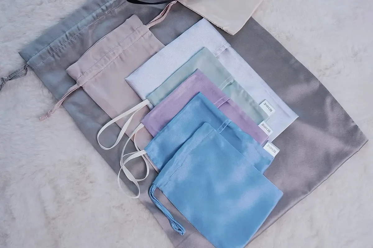 Custom silk pouch color, fabric, size, and closure samples