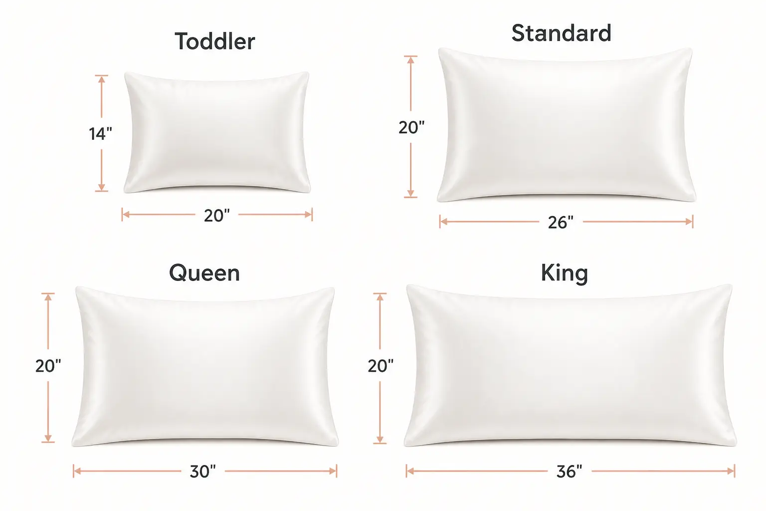 Silk pillowcase size guide showing Toddler, Standard, Queen, and King dimensions