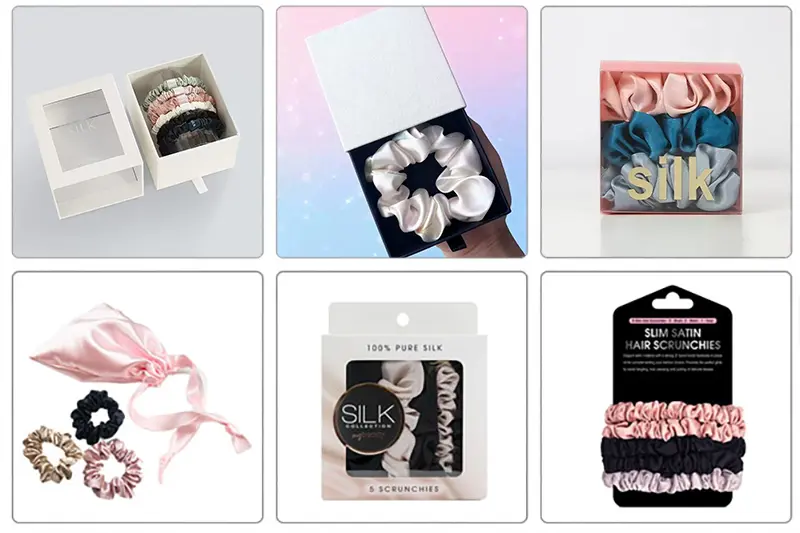 Custom packaging options for silk scrunchies including gift boxes, pouches, and PVC cases