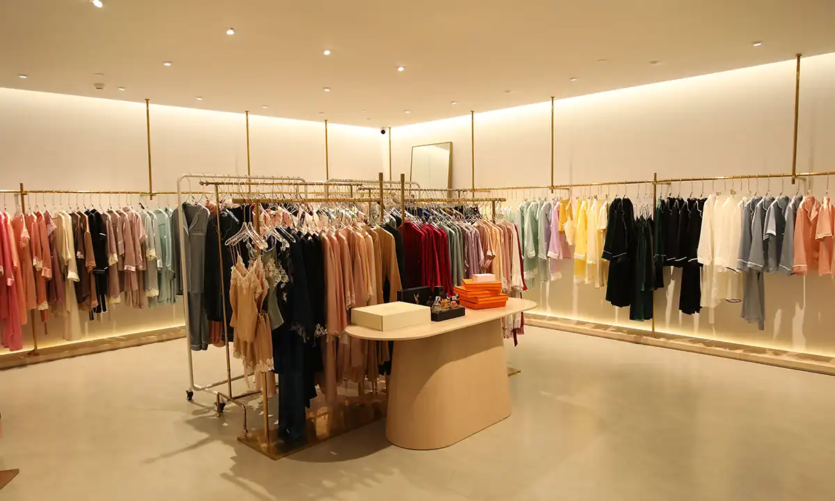 silk sleepwear sample room with custom pajama and robe samples