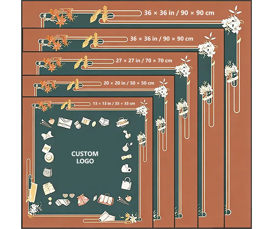 Custom square silk scarf size comparison showing five standard dimensions