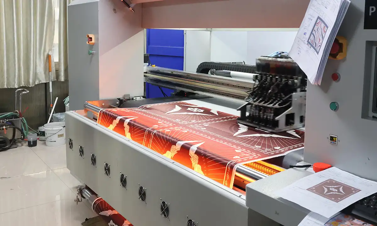 Close-up of digital printing details on silk fabric