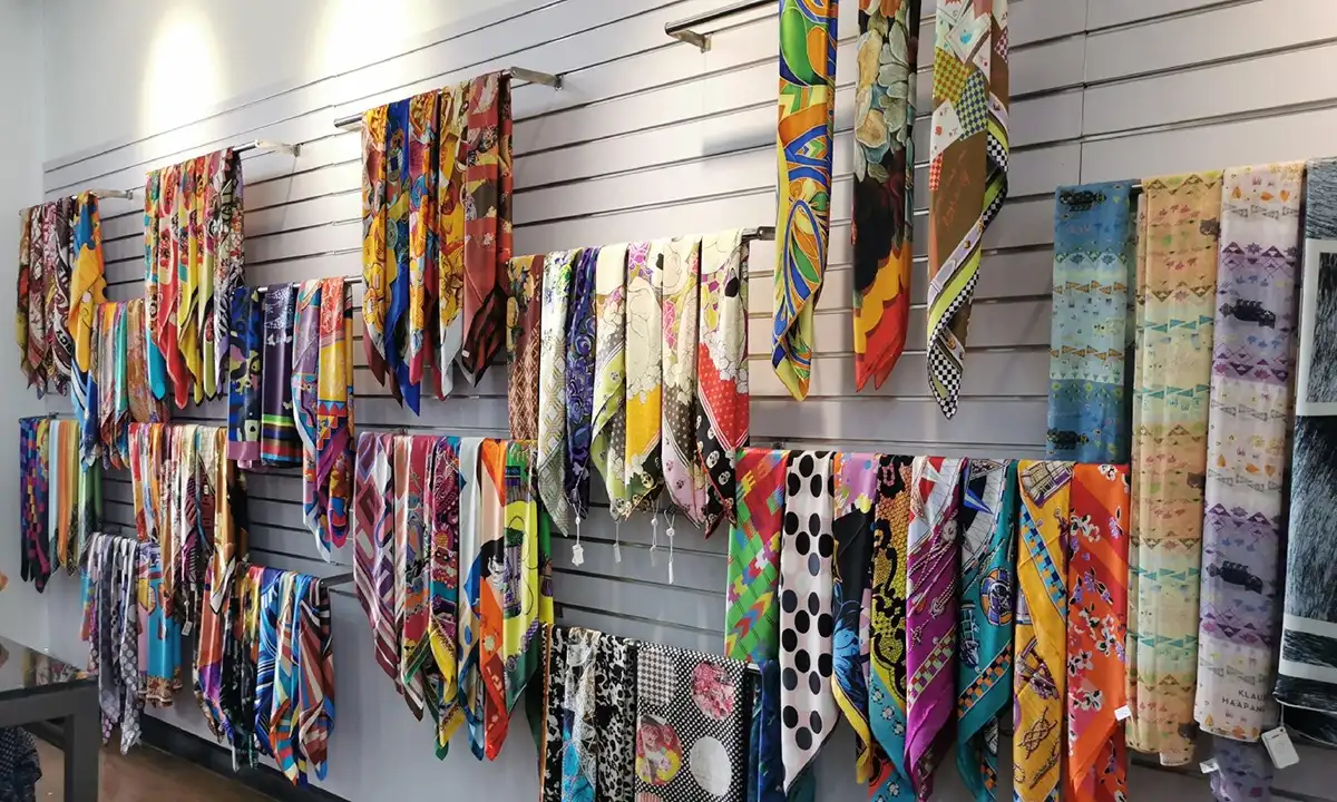 Custom silk sample room showcasing scarf