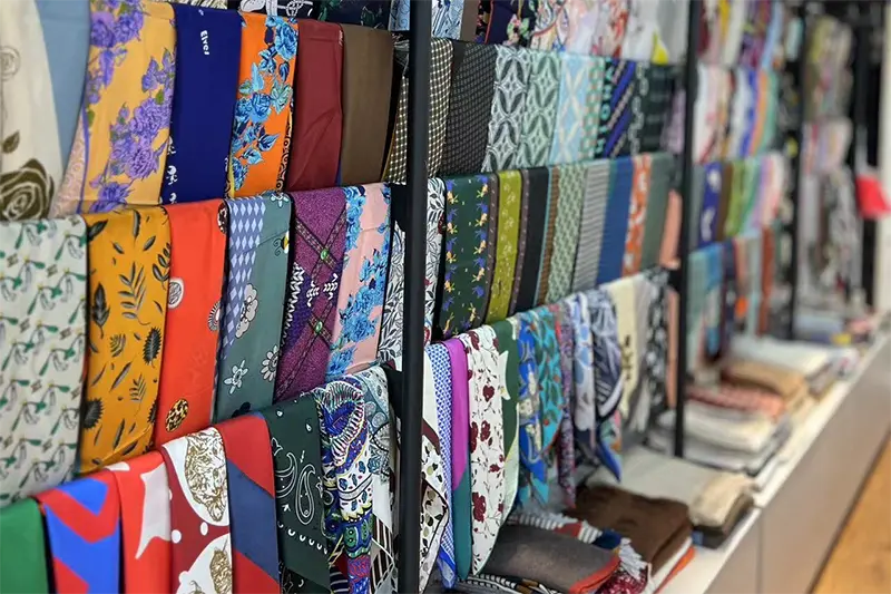 Silk product sample room displaying scarves and bedding