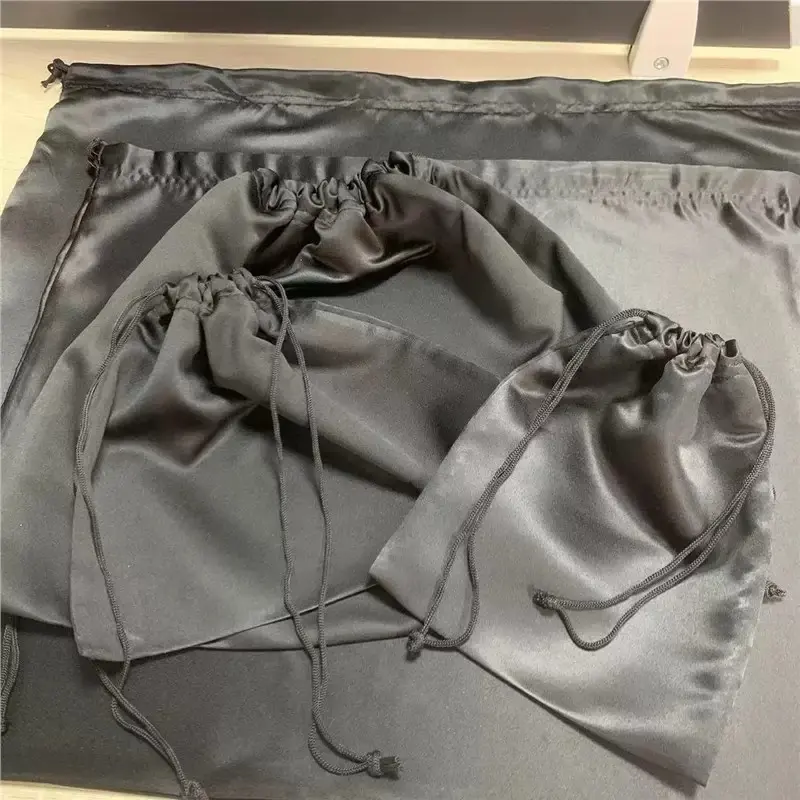 Black satin drawstring dust bags for handbags and accessories