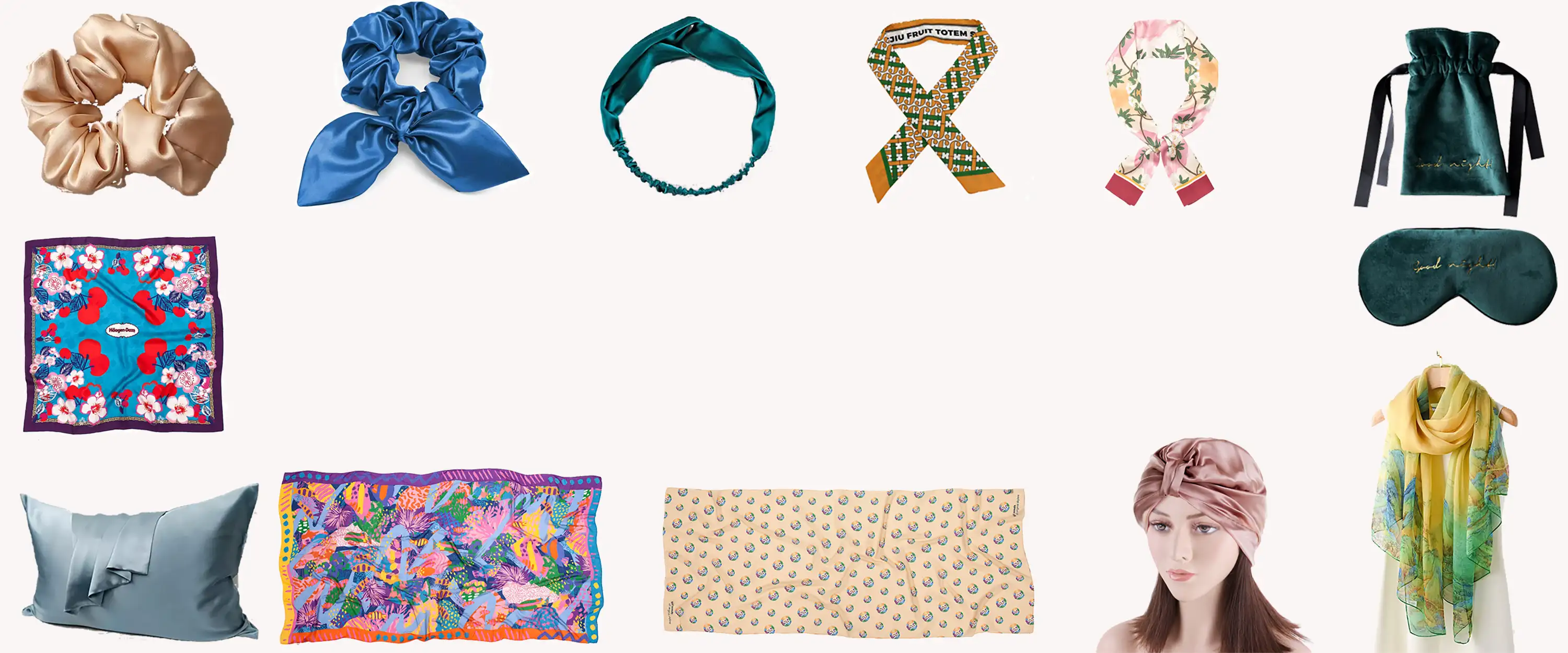 Showcase of custom silk products manufactured for global brands by WiseSilk