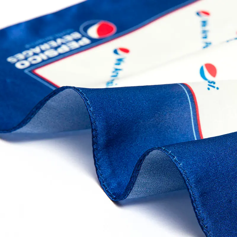 Detail view of PepsiCo Beverages–inspired custom square silk scarf