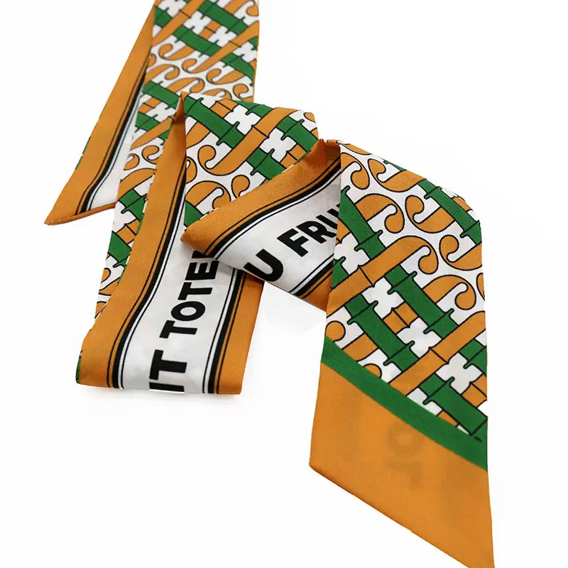 Private label silk twilly showing custom woven label and finishing details