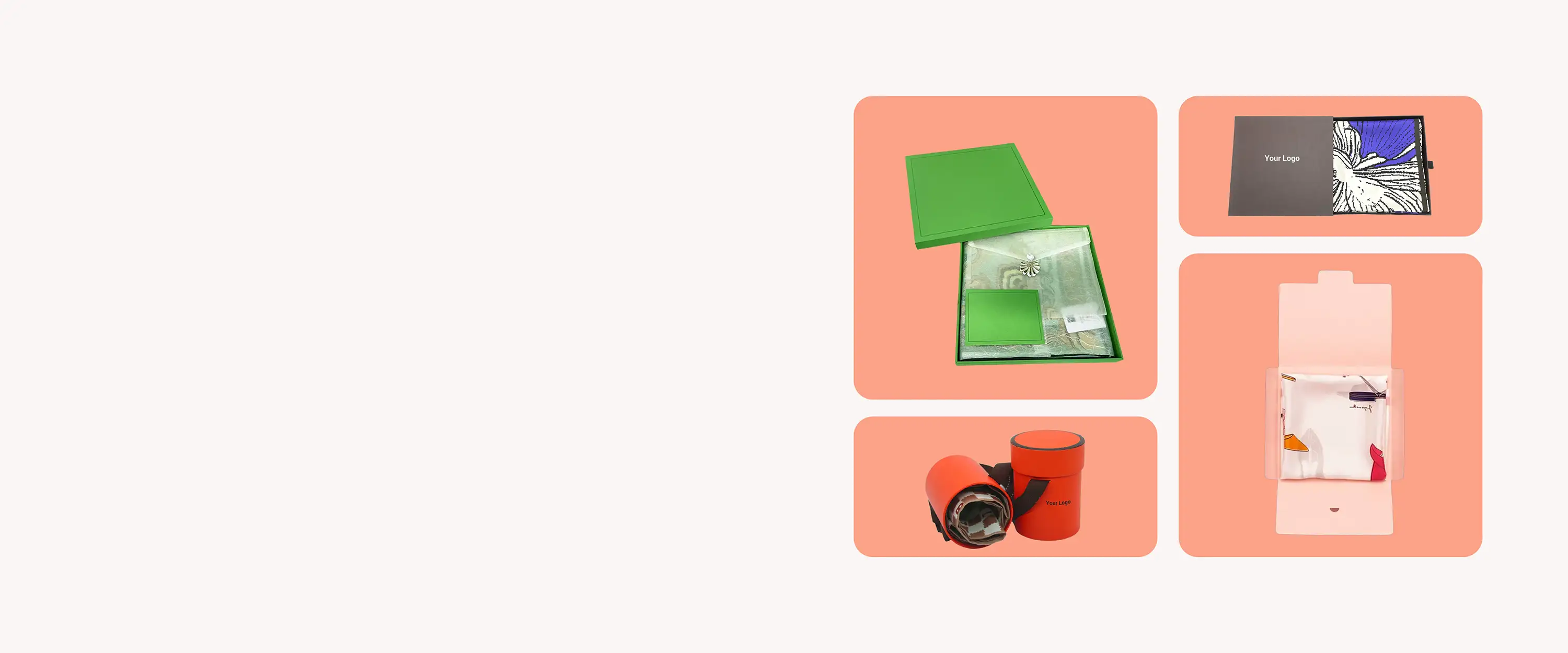 Custom packaging solutions for silk products including scarves, sleepwear, and gift sets