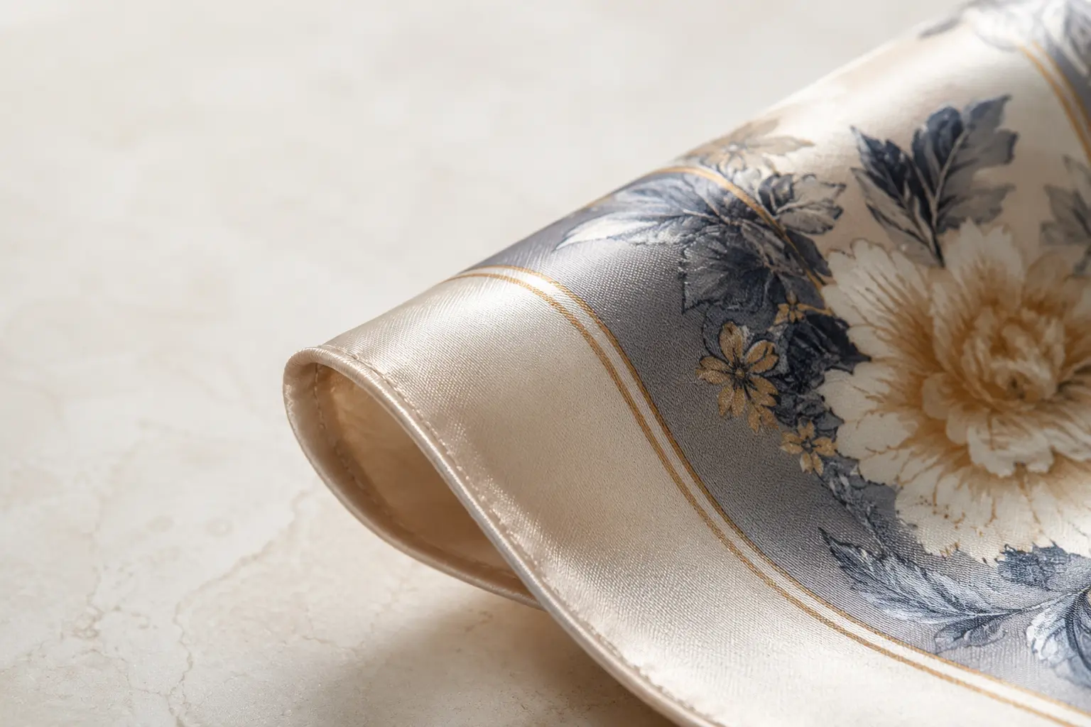 Silk scarf hand-rolled corner detail