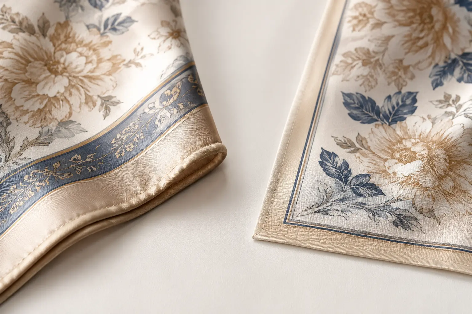 Hand-rolled and machine-stitched silk edge comparison